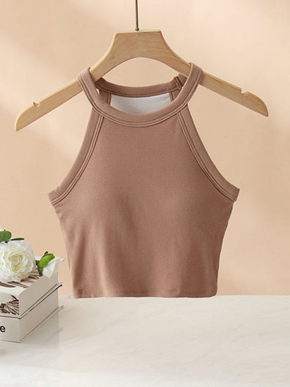 Ribbed Grecian Neck Cropped Tank with Chest Pads Camel