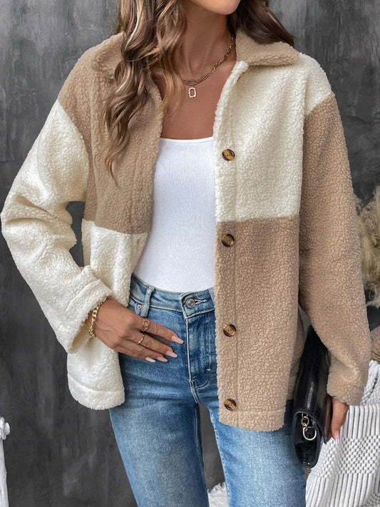 Perfee Color Block Collared Neck Long Sleeve Jacket Tan