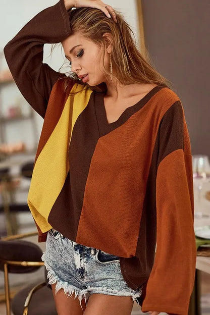 BiBi Brushed Thermal Color Block V-Neck Knit Top