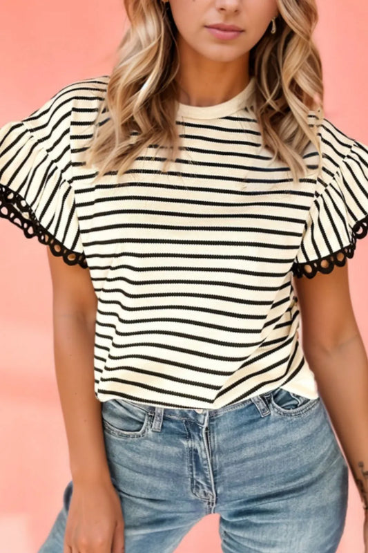 Striped Round Neck Ruffle Sleeve Blouse Black