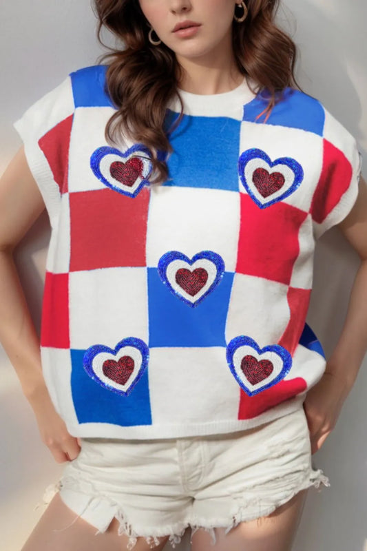 Sequin Heart Color Block Round Neck Knit Top Plaid