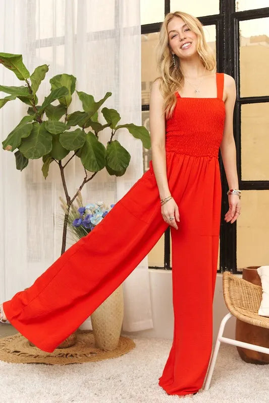 ADORA Full Size Smocking Top Wide Leg Jumpsuit Plus Size RED CORAL