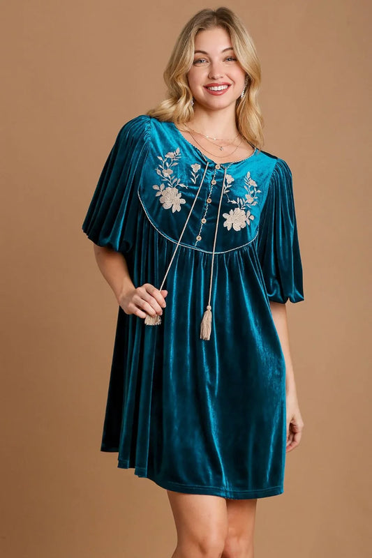 Umgee Embroidered Half Sleeve Velvet Mini Dress with Tassel Deep Teal