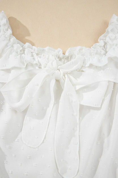Off Shoulder Ruffle Knotted Detail Swiss Dot Blouse