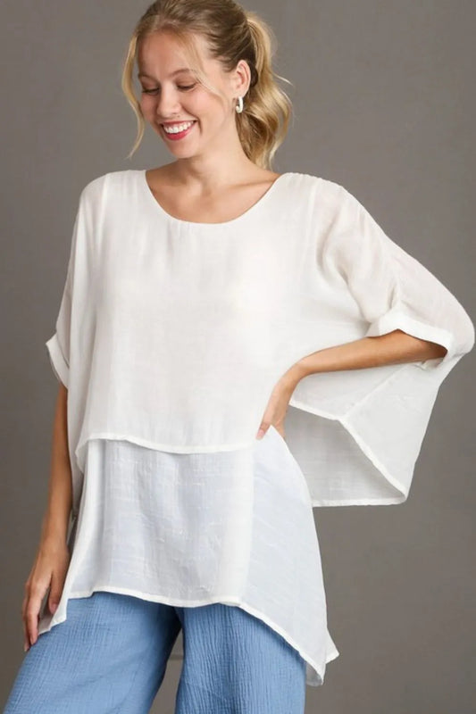 Umgee Full Size Cuffed Half Sleeve Layered Top Plus Size White