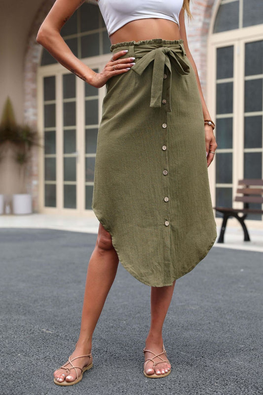 Perfee Tie Belt Frill Trim Buttoned Skirt Olive