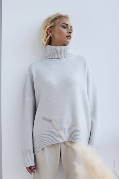 Basic Bae Turtleneck Dropped Shoulder Long Sleeve Sweater Light Gray One Size
