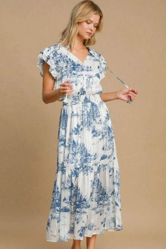 Umgee Full Size Two Tone Landscape Print Midi Dress Plus Size Sky Blue