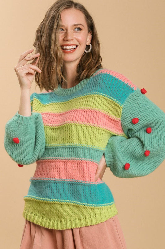Umgee Full Size Color Block Cable Knit Sweater with Pom Pom Plus Size EMERALDMIX