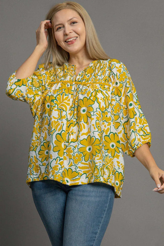 Umgee Plus Size Smocked Floral Print Tie Neck Blouse Yellow