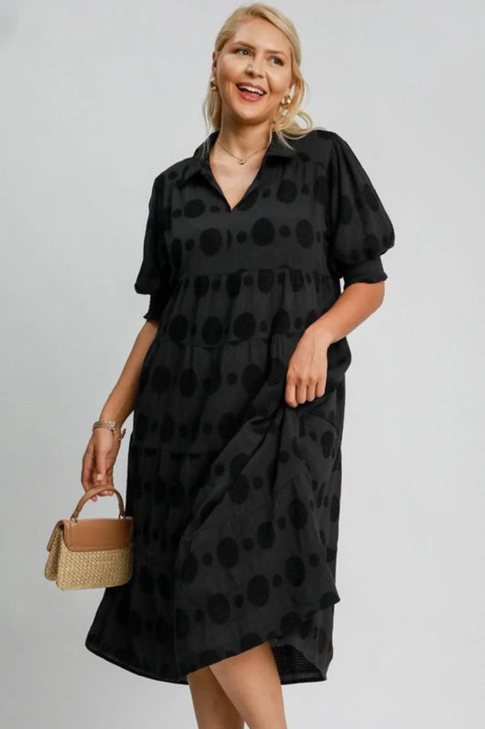 Umgee Full Size Swiss Dot Jacquard Tiered Midi Dress Plus Size