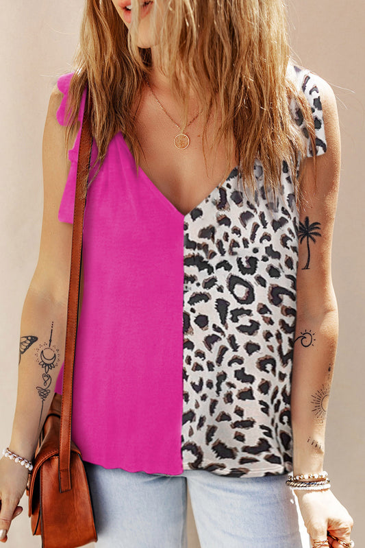 Leopard Contrast V-Neck Tank Hot Pink