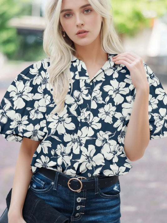 Floral Short Puff Sleeve Shirt Floral