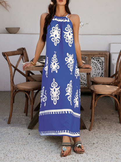 Devine Grecian Neck Printed Maxi Dress Blue