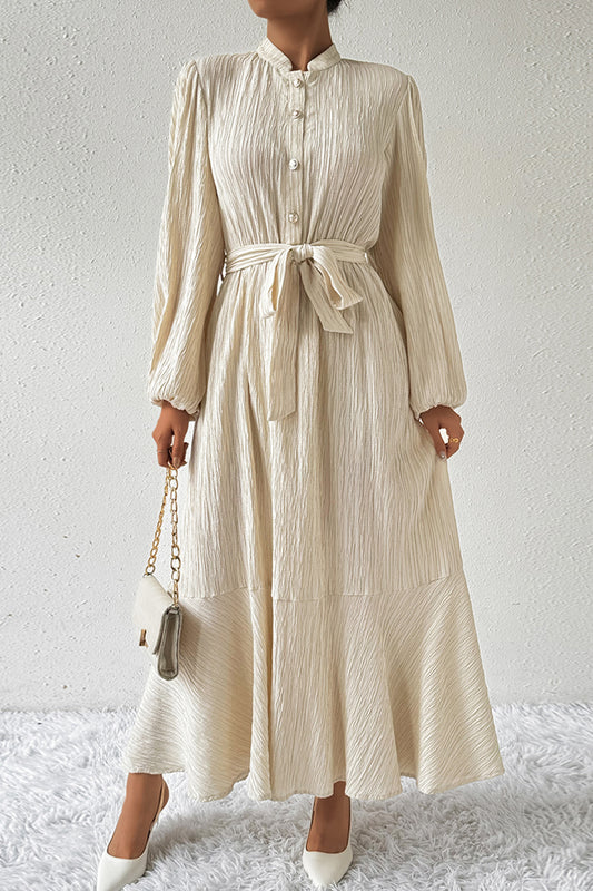 Honey Tied Button Up Balloon Sleeve Dress Beige