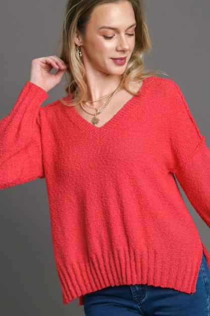 Umgee Full Size Dropped Shoulder Side Slit Sweater Plus Size Strawberry
