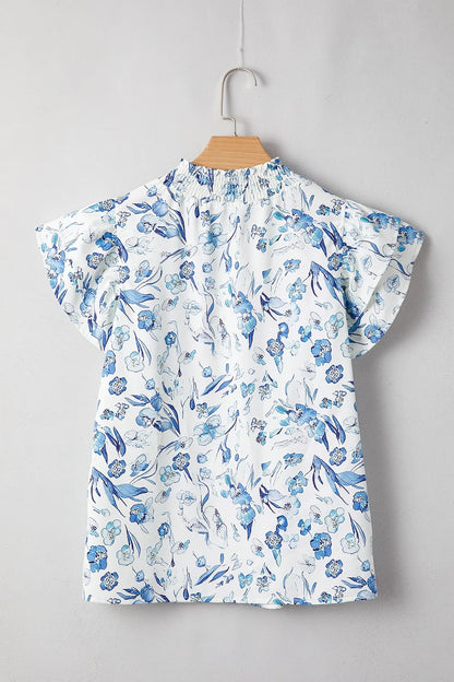 Floral Print Ruffled Short Sleeve Blouse