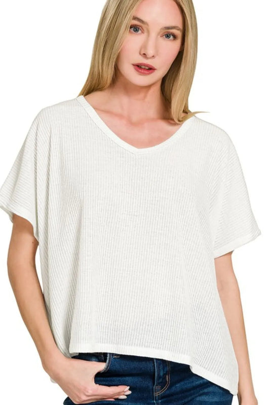 Zenana Ribbed V-Neck Short-Sleeve Knit Top OFF WHITE