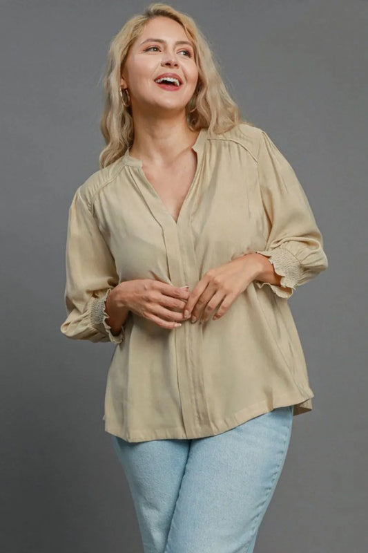 Umgee Full Size Notched Smocked Cuff Woven Top Plus Size