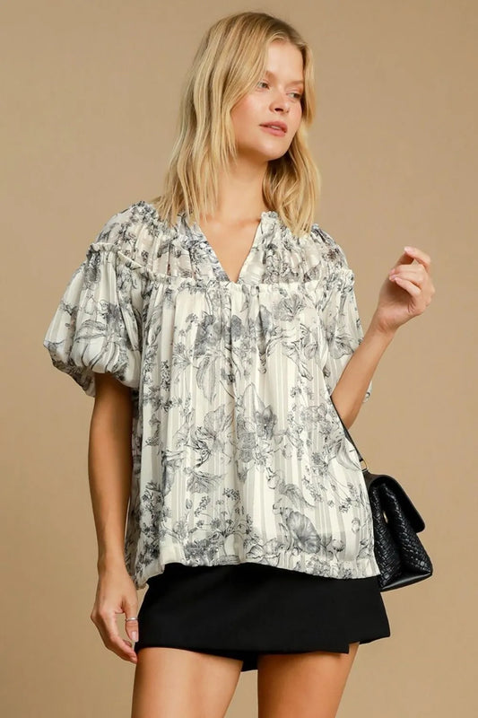 Umgee Full Size Floral Print Metallic Ruffle Blouse Plus Size Black