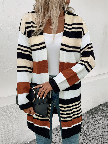 Perfee Striped Open Front Drop Shoulder Cardigan Stripe
