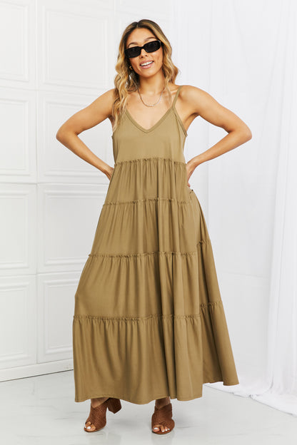Zenana Full Size Spaghetti Strap Tiered Dress with Pockets in Khaki Khaki