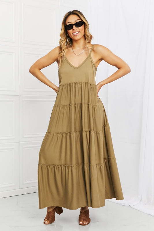 Zenana Full Size Spaghetti Strap Tiered Dress with Pockets in Khaki Khaki