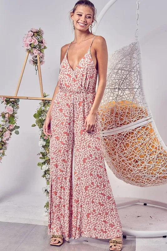 BiBi Floral Print Cirnkled Gauze Spaghetti Strap Jumpsuit