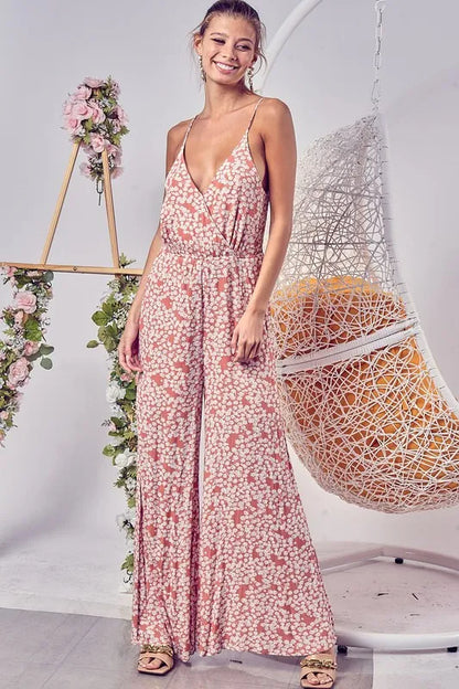 BiBi Floral Print Cirnkled Gauze Spaghetti Strap Jumpsuit