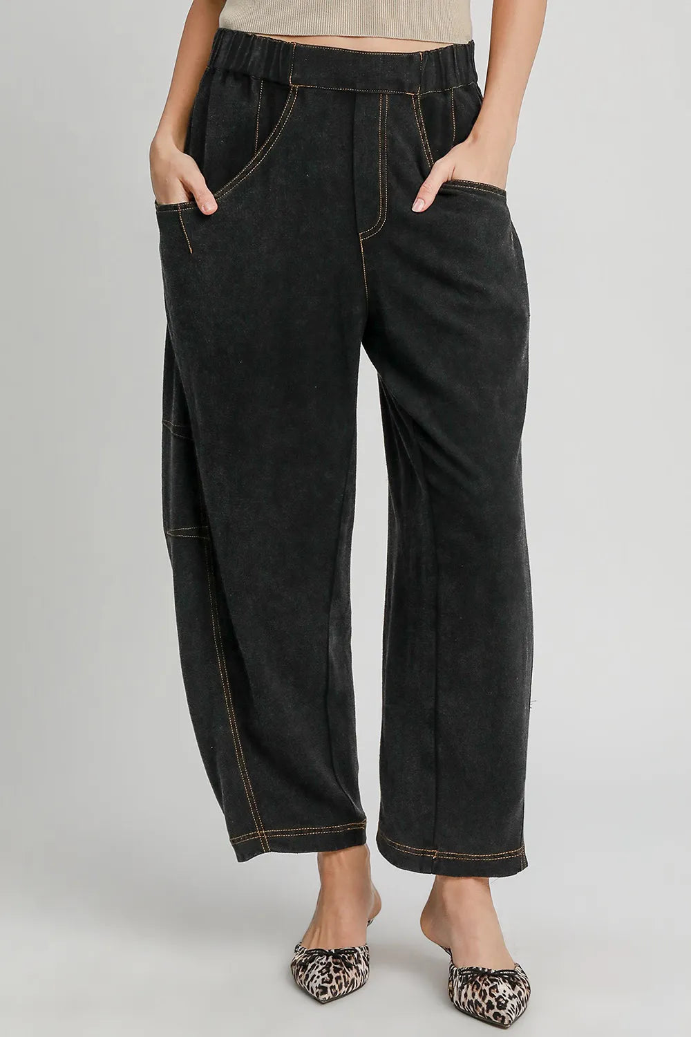 Umgee Elastic Waist Baggy Fit Pants with Pockets Black