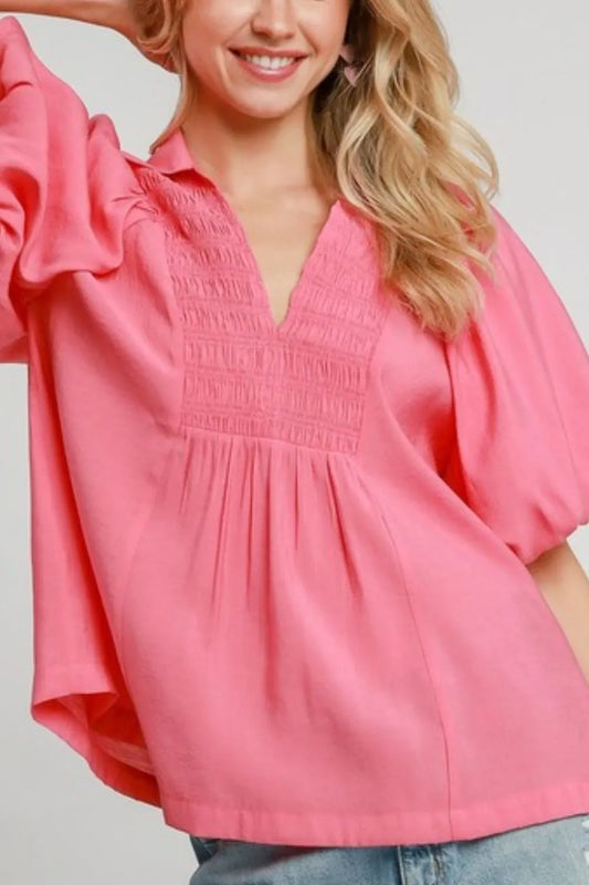 Umgee Smocked Detail Puff Sleeve Blouse