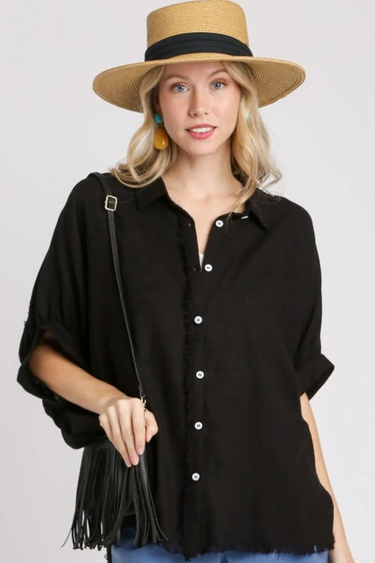 Umgee Full Size Linen Blend Button Down Shirt Plus Size Black