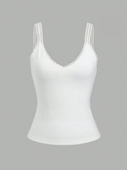 Lace Detail V-Neck Wide Strap Tank White