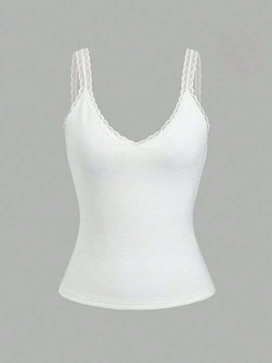 Lace Detail V-Neck Wide Strap Tank White