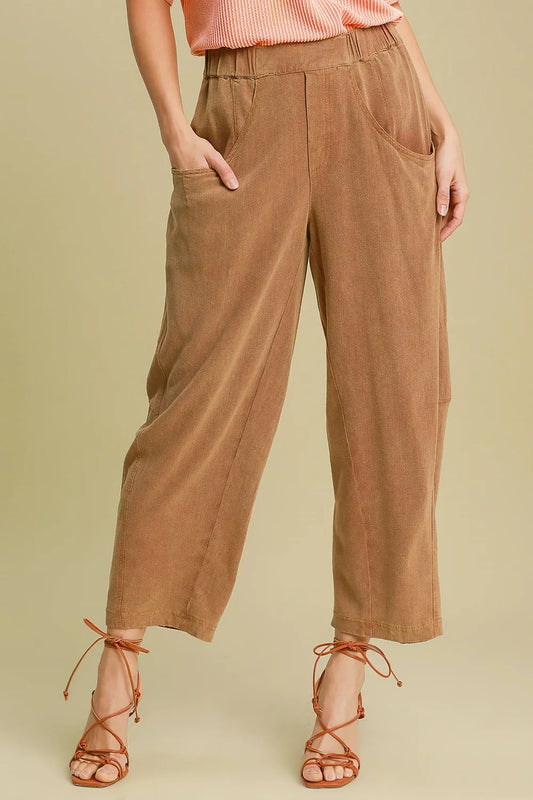 Umgee Elastic Waist Baggy Fit Pants with Pockets Caramel