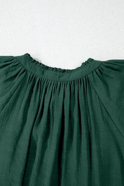 Eyelet Embroidered Sleeve Tie Neck Blouse