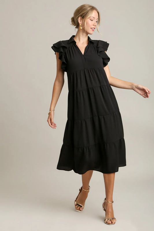 Umgee Full Size Johnny Collar Ruffle Cap Sleeve Tiered Dress Plus Size Black