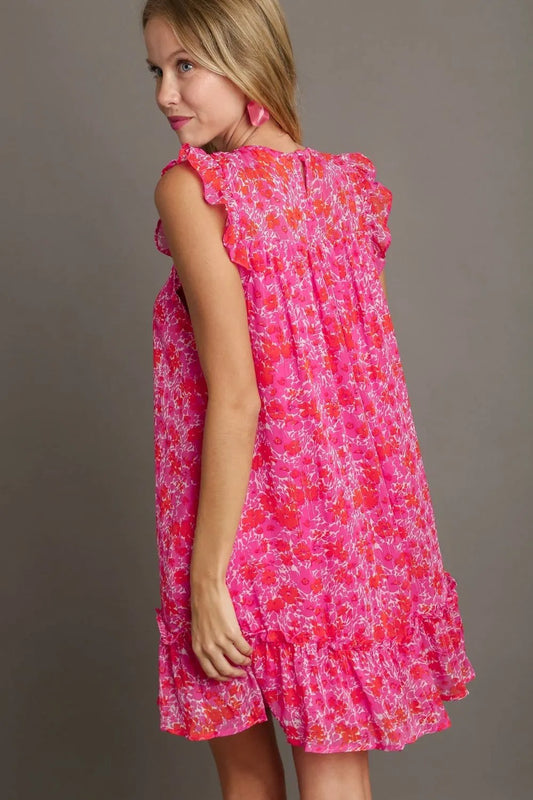 Umgee Full Size Smocked Detail Floral Metallic Ruffle Cap Sleeve Dress Plus Size