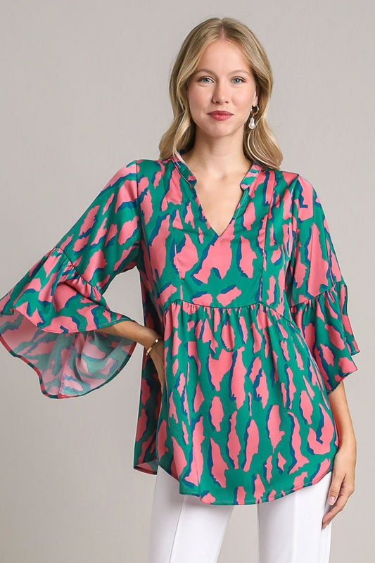 Umgee Full Size Satin Leopard 3/4 Bell Sleeve Babydoll Blouse Plus Size