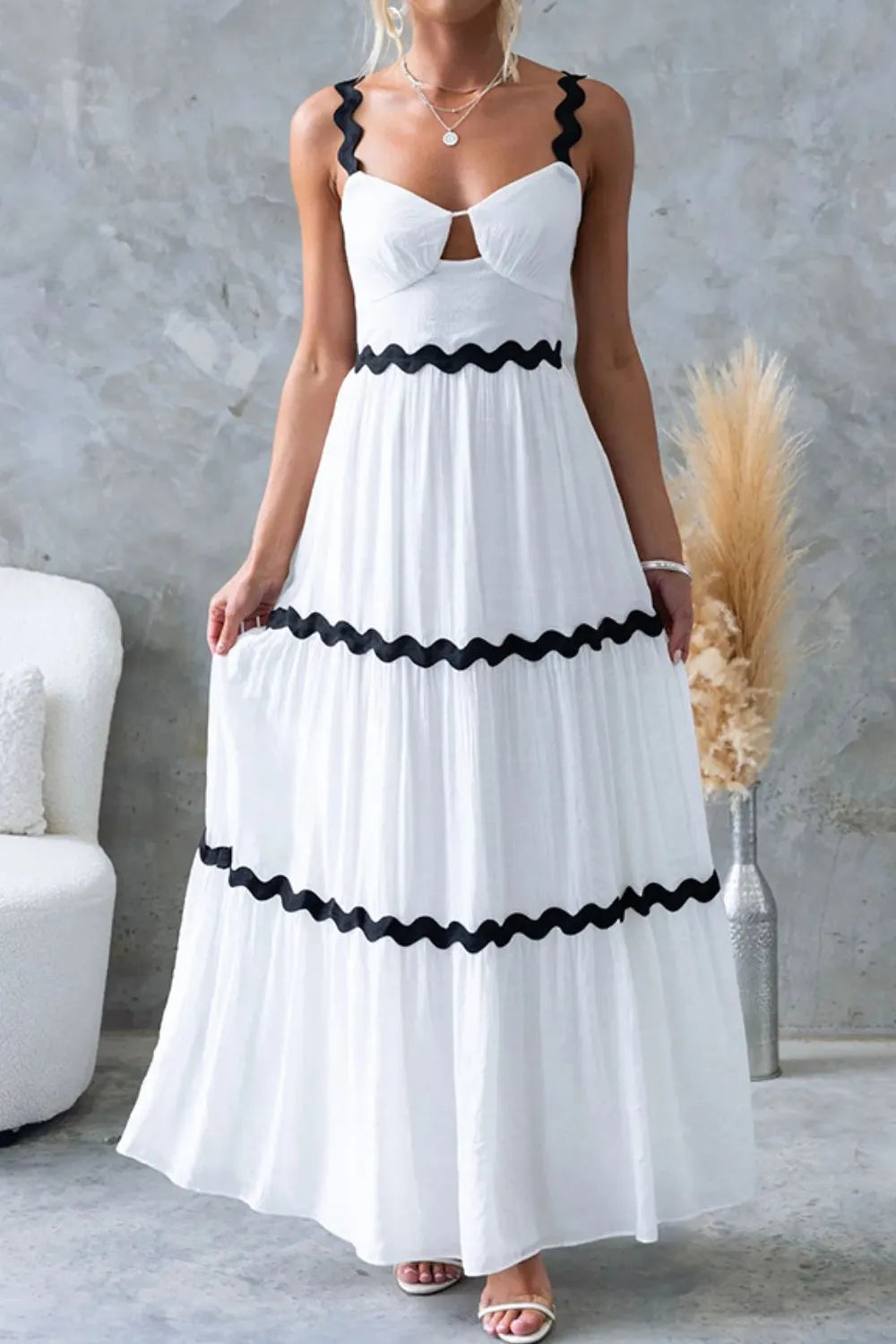 Tiered Maxi Dress with Scalloped Trim White