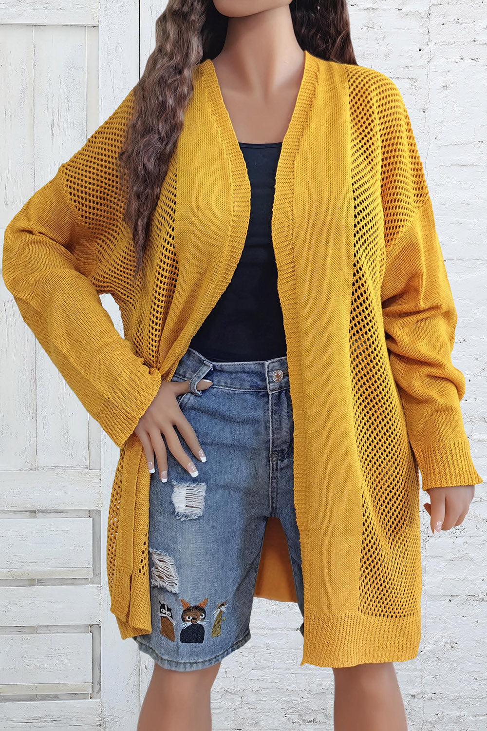Plus Size Openwork Long Sleeve Open Front Cardigan True Yellow