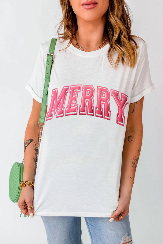 MERRY Round Neck Short Sleeve T-Shirt White