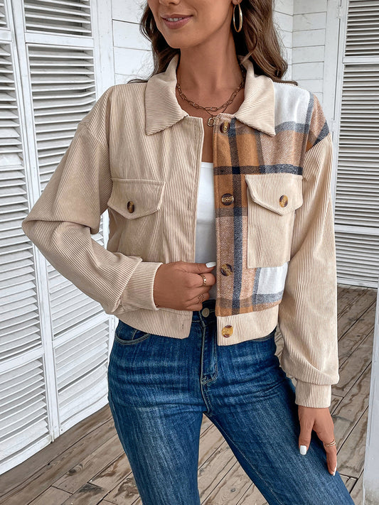 Perfee Color Block Collared Neck Button-Up Jacket Sand