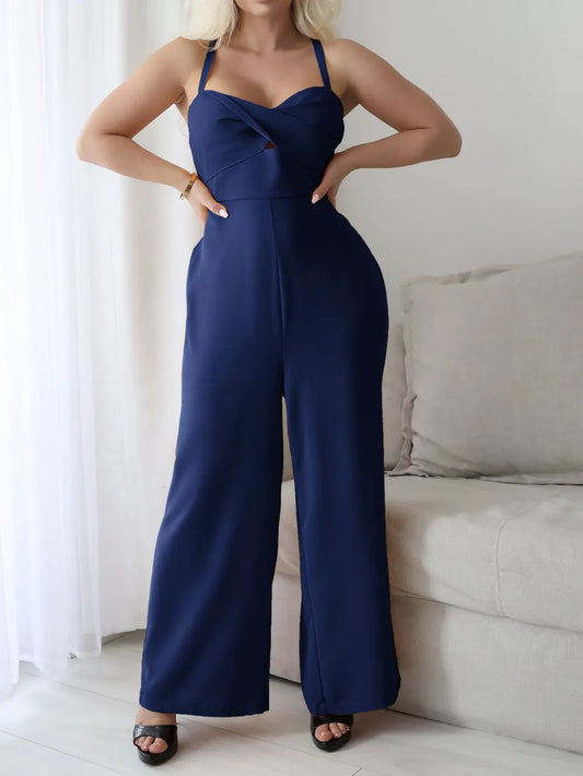 Devine Tie Back Backless Crisscross Jumpsuit Dark Blue