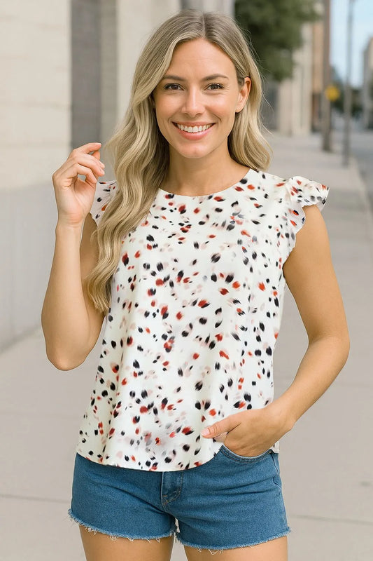 Abstract Print Ruffle Flutter Sleeve Keyhole Back Slim Blouse Floral