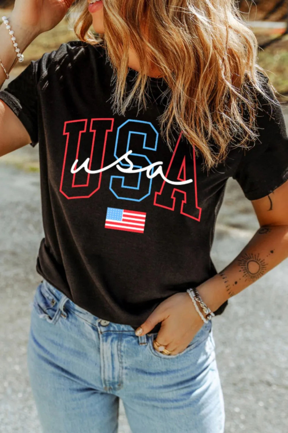 USA Round Neck Short Sleeve T-Shirt Black