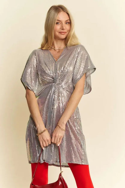 Davi & Dani Sequin Plunge Neck Knot Cut Out Tie Back Party Dress Silver
