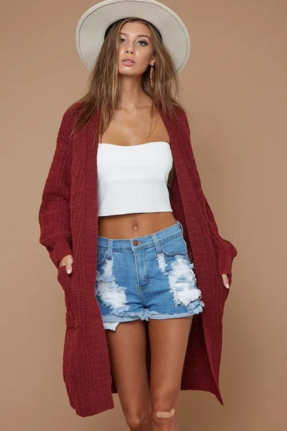 BiBi Cable-Knit Open Front Long Sleeve Cardigan
