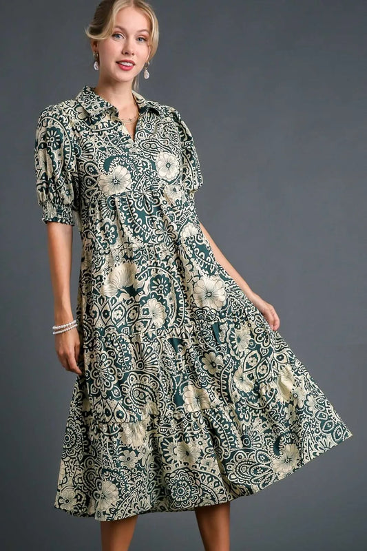 Umgee Full Size Printed Smocked Cuff Puff Sleeve Midi Dress Plus Size Turquoise