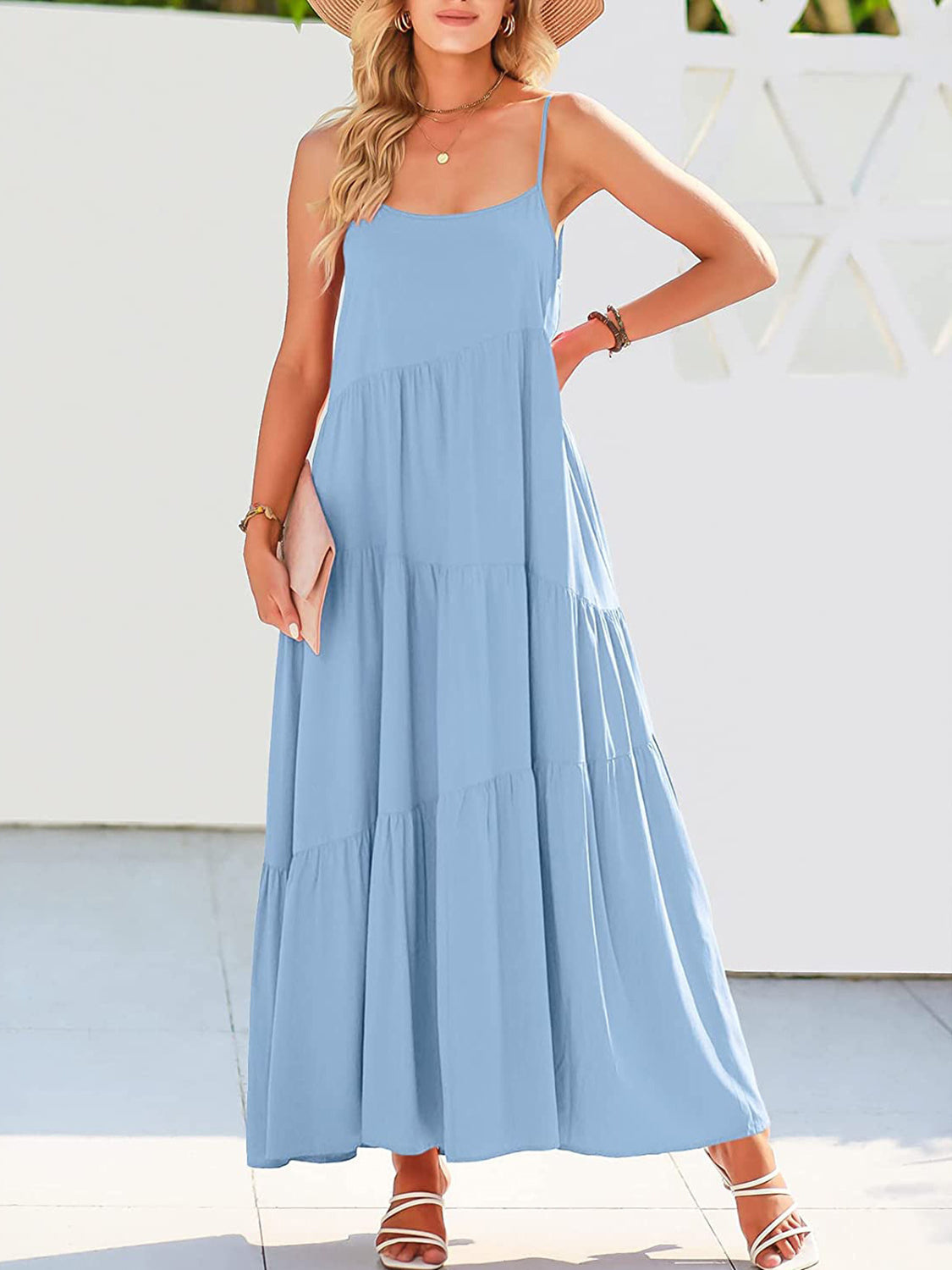 Full Size Ruched Tiered Spaghetti Strap Dress Light Blue